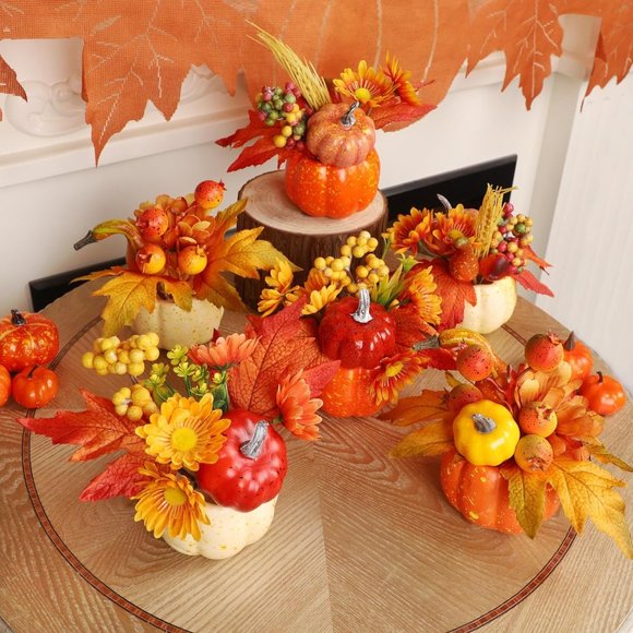 Decorations Set of 6 Artificial Pumpkins, Decorative Pumpkin with Maple Flower - Picture 4 of 7